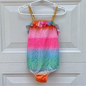 5-6T leopard print swimsuit bathing suit gold shimmer and rainbow ombré colors